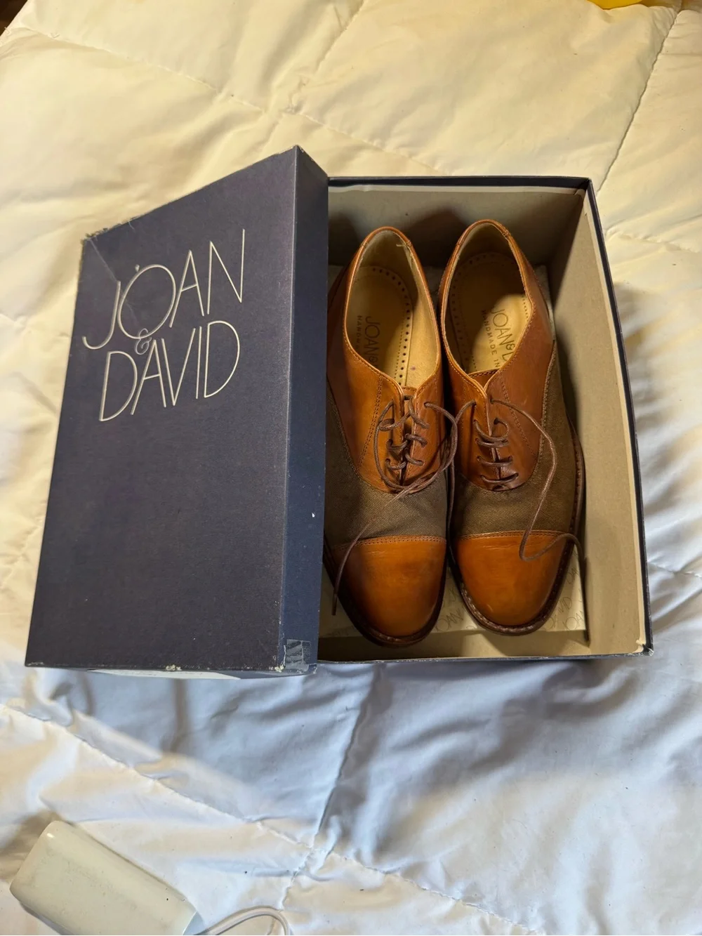 Joan and David Tan Leather & Brown Canvas Oxfords